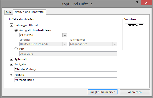 Dialogfeld Kopf- und Fußzeile