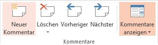 Gruppe Kommentare auf dem Reiter Überprüfen, u. a. mit Navigationsmöglichkeit durch die Kommentare Gruppe Kommentare auf dem Reiter Überprüfen, u. a. mit Navigationsmöglichkeit durch die Kommentare