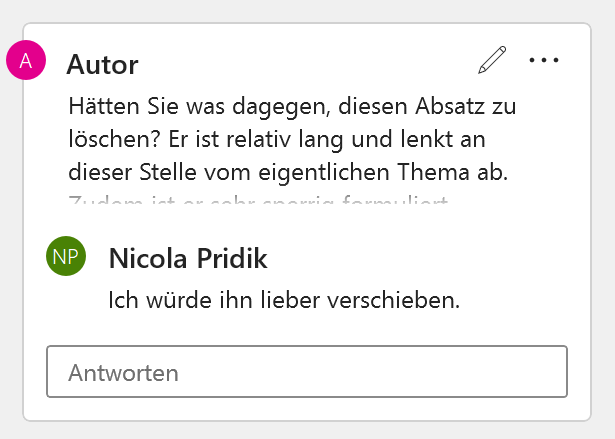 Screenshot eines Kommentars im Kommentarbereich, der von einer anderen Person beantwortet wurde. Unter der Antwort ist ein Eingabefeld mit dem Wort Antworten zu sehen.