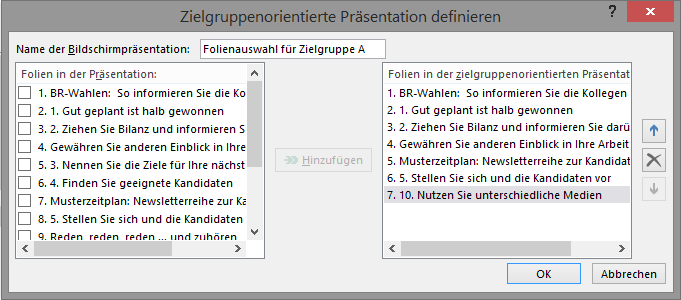 Screenshot PowerPoint: Dialogfeld Zielgruppenorientierte Präsentation definieren