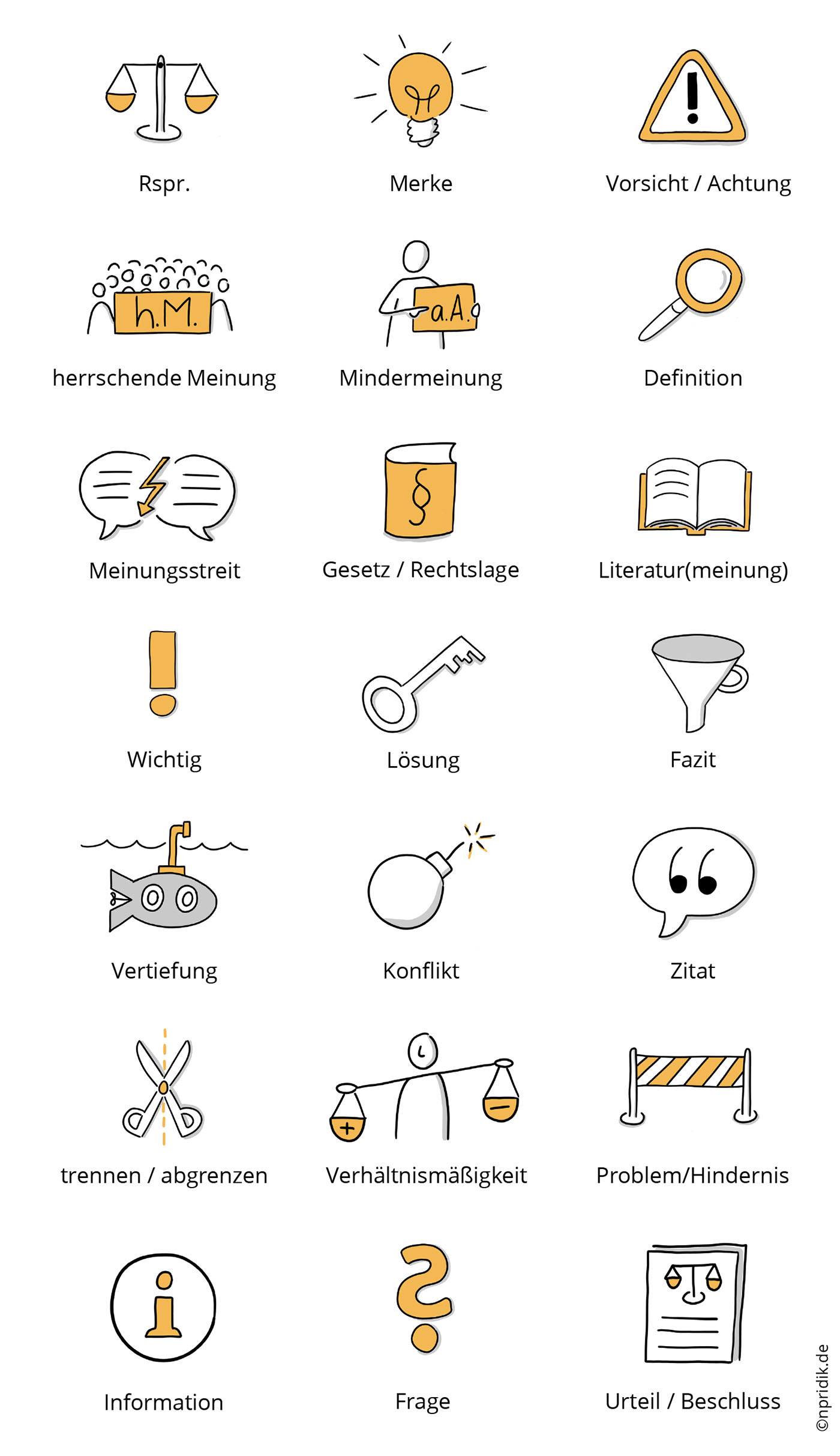 21 handgezeichnete Icons fürs Jurastudium 