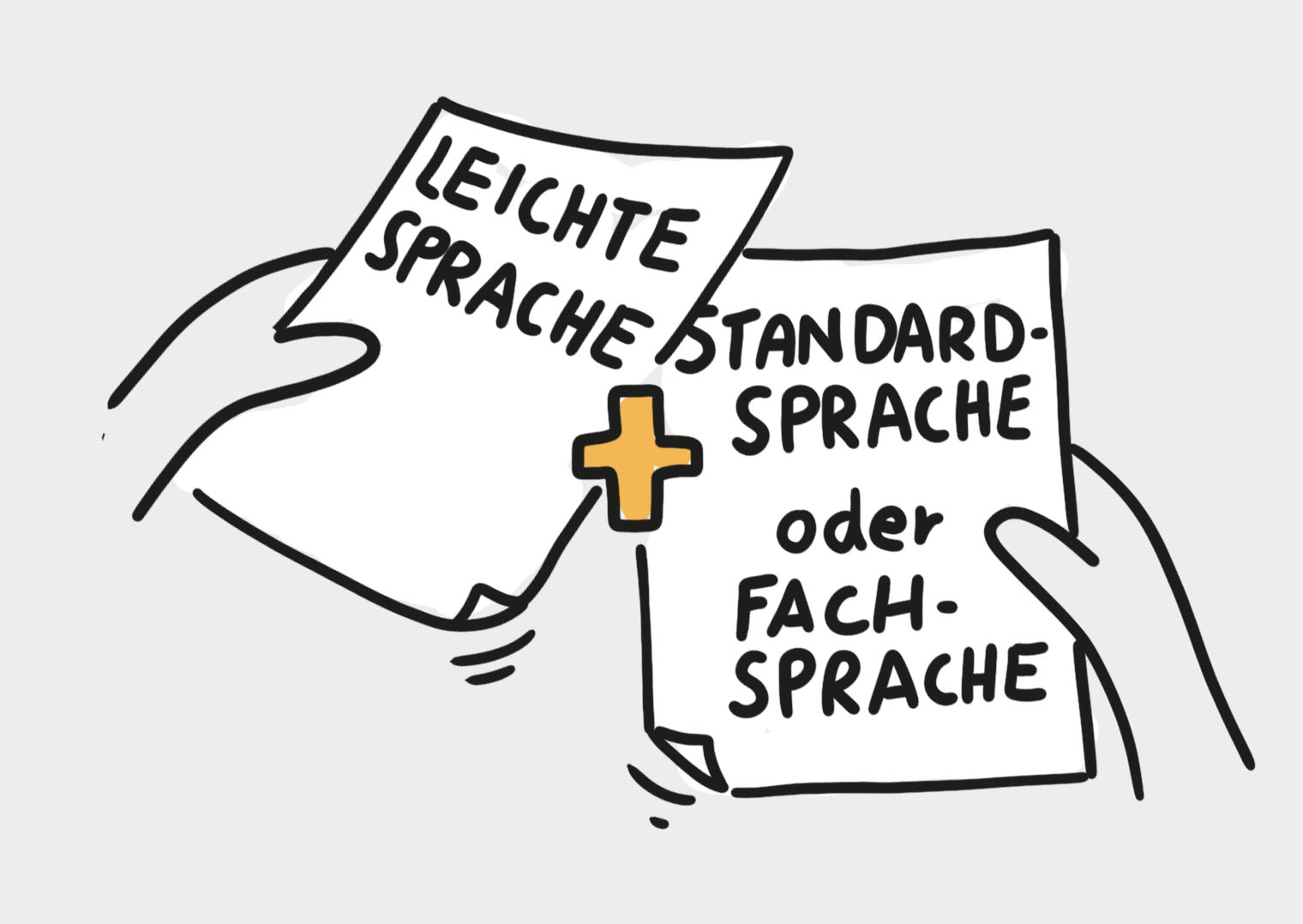 Hände kombinieren ein Blatt mit der Aufschrift Leichte Sprache und eines mit der Aufschrift Standardsprache oder Fachsprache