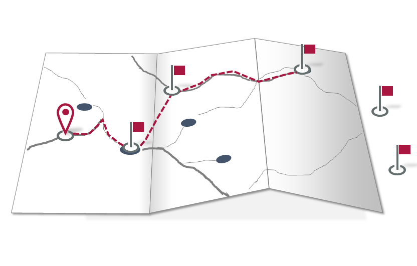 Vektorgrafik: In der Landkarte verzeichnete Tour, deren Stationen mit kleinen Fähnchen markiert sind