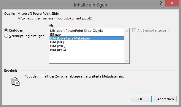 Screenshot Word Dialogfeld Inhalte einfügen