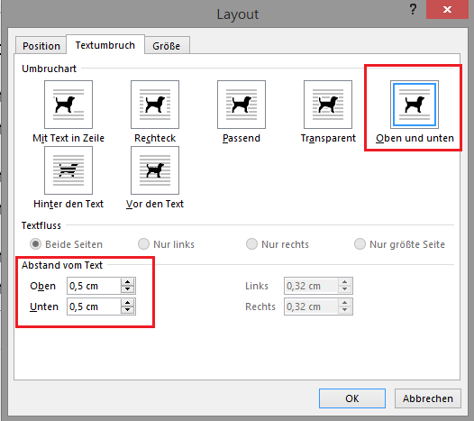 Screenshot Word Dialogfeld Layout, Umbruchart "Oben und unten" markiert