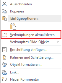 Screenshot Kontextmenü eines verknüpften Slide-Objektes in Word