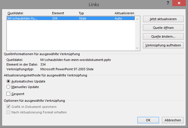 Screenshot Word Dialogfeld Links bzw. Verknüpfungen 