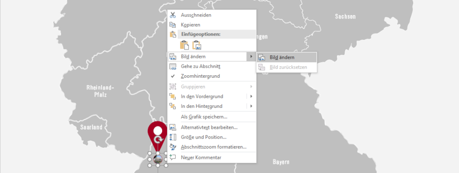 Rundes Gerichtsfoto liegt als kleiner Punkt unter dem auf Karlsruhe gerichteten Marker; im Kontextmenü neben dem markierten Foto ist die Funktion Bild ändern markiert
