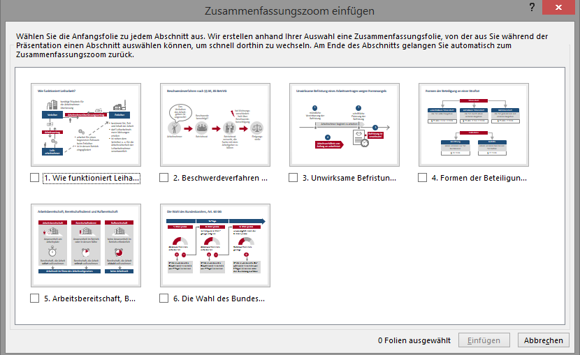 Screenshot des Dialogfeldes Zusammenfassungszoom einfügen mit sechs Folienminiaturen