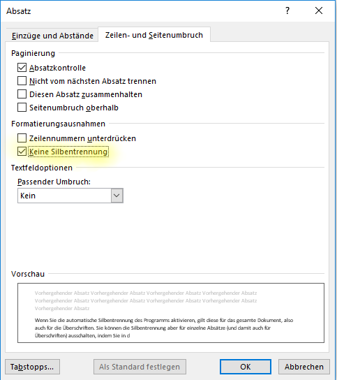 Screenshot Word: Dialogfeld Absatz