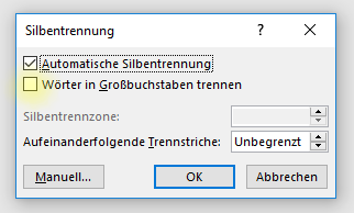 Screenshot Word: Dialogfeld Silbentrennung