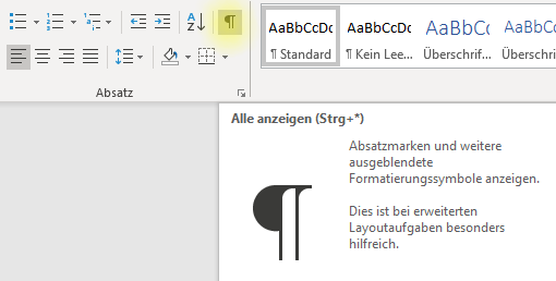 Screenshot Zeichen für "Alle anzeigen" in Word