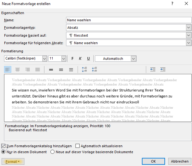 Dialogfeld Neue Formatvorlage erstellen