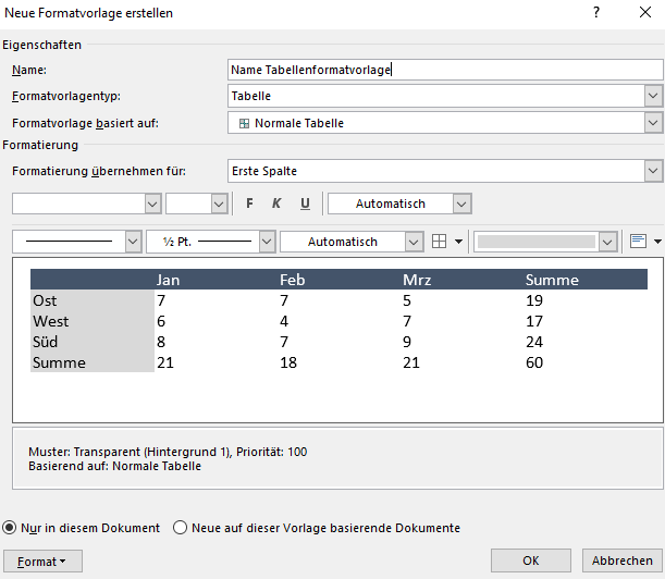 Neue Tabellenformatvorlage erstellen im Dialogfeld Neue Formatvorlage erstellen
