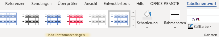 Tabellenformatvorlagen-Katalog auf der Registerkarte Tabellenentwurf