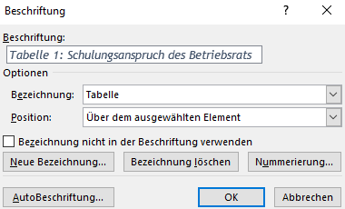 Screenshot Word: Dialogfeld Beschriftung