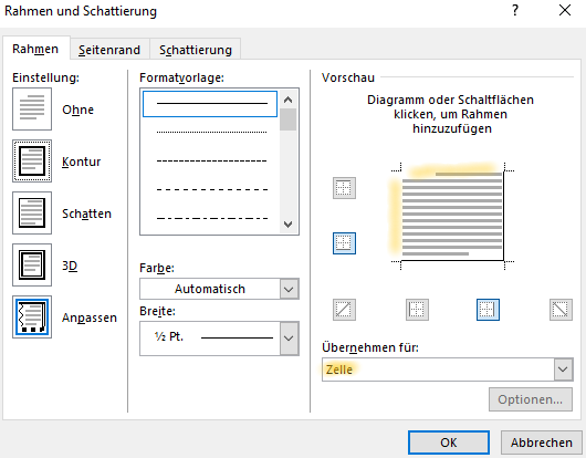 Screenshot Word: Dialogfeld Rahmen und Schattierung