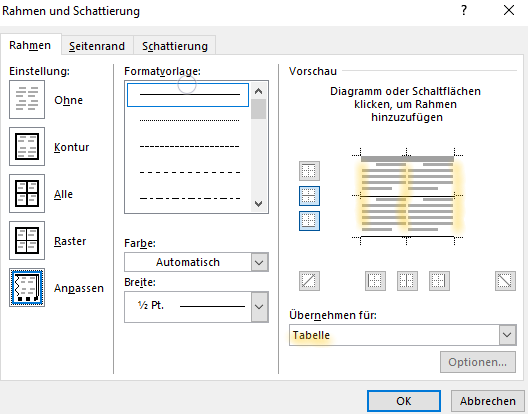 Screenshot Word: Dialogfeld Rahmen und Schattierung