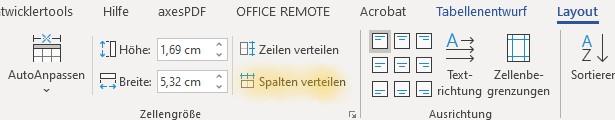 Screenshot Word: Funktion Spalten verteilen auf der Registerkarte Tabellenlayout