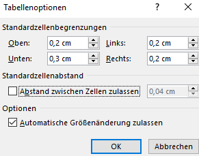 Screenshot Word: Dialogfeld zur Einstellung der Standardzellenbegrenzungen