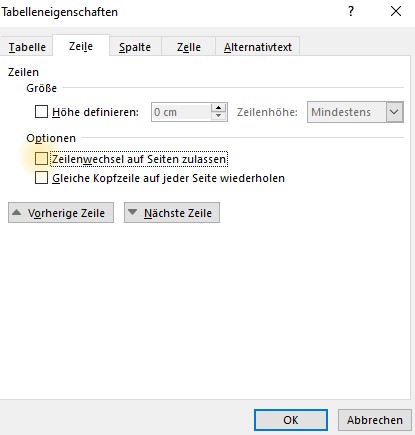Screenshot Word: Dialogfeld Tabelleneigenschaften, Registerkarte Zeile