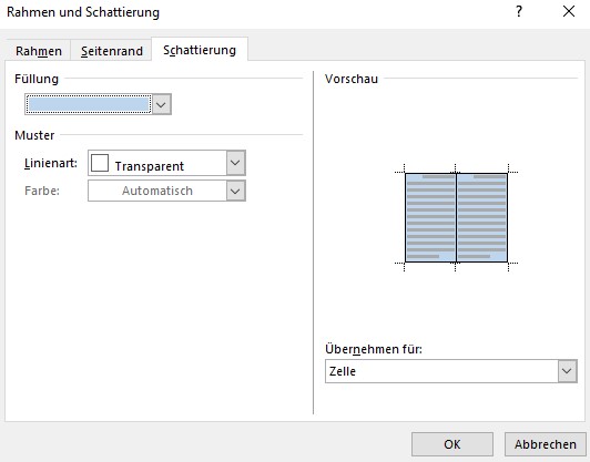 Screenshot Word: Farbe der Zellenfüllung im Dialogfeld Rahmen und Schattierung ändern