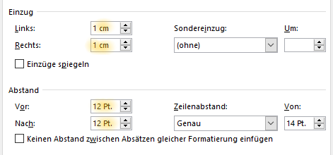 Screenshot Word: Einzüge und Abstände vor und nach Absatz im Absatzdialog