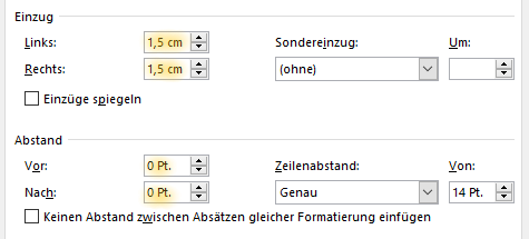 Screenshot Word: Einzüge und Abstände vor und nach Absatz im Absatzdialog