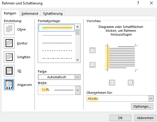 Screenshot Word: Dialogfeld Rahmen und Schattierung