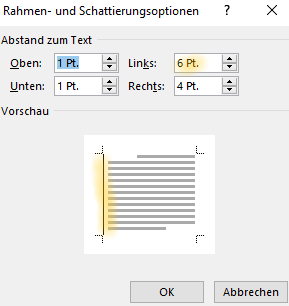 Screenshot Word: Dialogfeld Rahmen- und Schattierungsoptionen