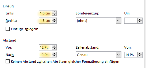 Screenshot Word: Einzüge und Abstände vor und nach Absatz im Absatzdialog