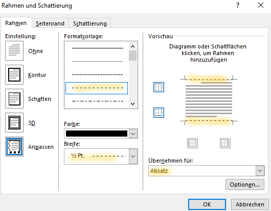 Screenshot Word: Dialogfeld Rahmen und Schattierung