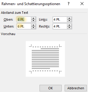 Screenshot Word: Dialogfeld Rahmen- und Schattierungsoptionen