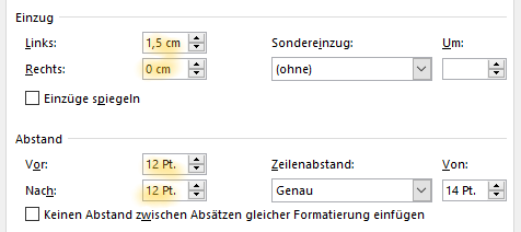 Screenshot Word: Einzüge und Abstände vor und nach Absatz im Absatzdialog Screenshot Word: Einzüge und Abstände vor und nach Absatz im Absatzdialog