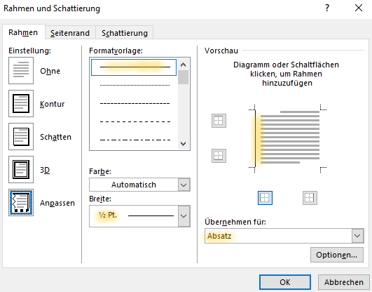 Screenshot Word: Dialogfeld Rahmen und Schattierung