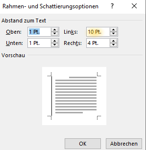 Screenshot Word: Dialogfeld Rahmen- und Schattierungsoptionen