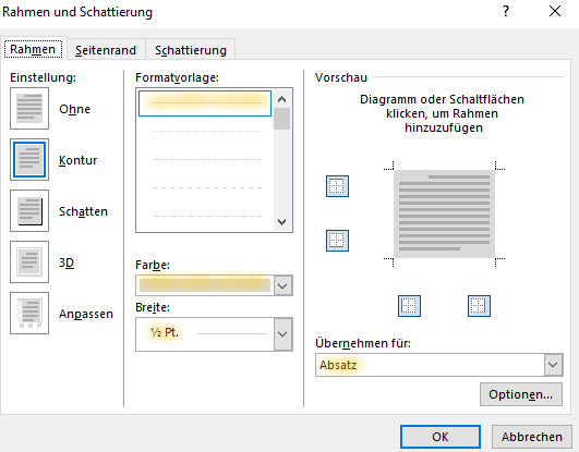 Screenshot Word: Dialogfeld Rahmen und Schattierung