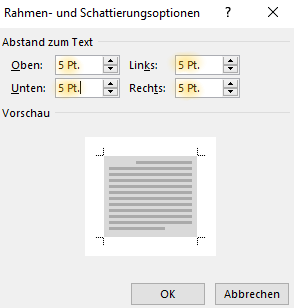 Screenshot Word: Dialogfeld Rahmen- und Schattierungsoptionen