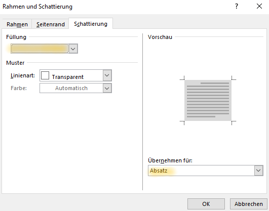 Screenshot Word: Dialogfeld Rahmen und Schattierung - Reiter Schattierung