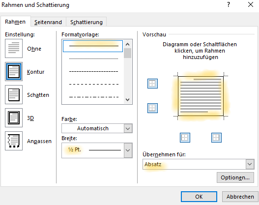 Screenshot Word: Dialogfeld Rahmen und Schattierung