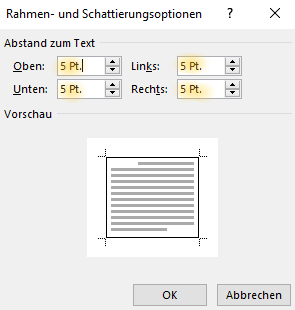 Screenshot Word: Dialogfeld Rahmen- und Schattierungsoptionen