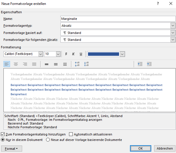 Screenhsot Word: Dialogfeld Neue Formatvorlage erstellen mit möglichen Einstellungen für strukturierende Marginalien