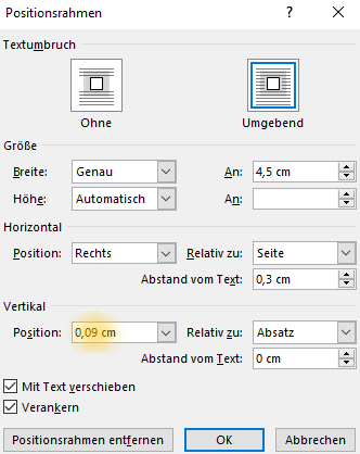 Screenshot Word: Dialogfeld Positionsrahmen mit angepasstem Wert für die vertikale Position bei nicht registerhaltiger Marginalie