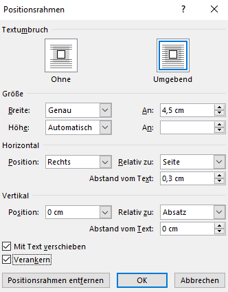 Screenshot Word: Dialogfeld Positionsrahmen mit möglichen Einstellungen für strukturierende Marginalien