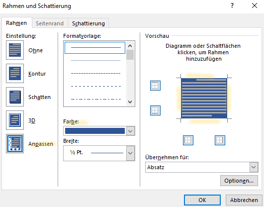 Screenshot Word: Dialogfeld Rahmen und Schattierung, Reiter Rahmen mit Einstellungen für blauen Überschriftenkasten