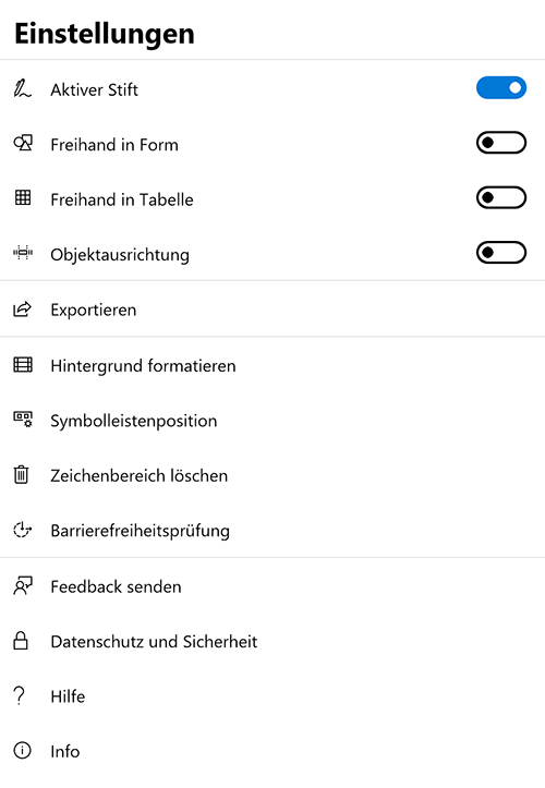 Screenshot Einstellungen Microsoft Whiteboard