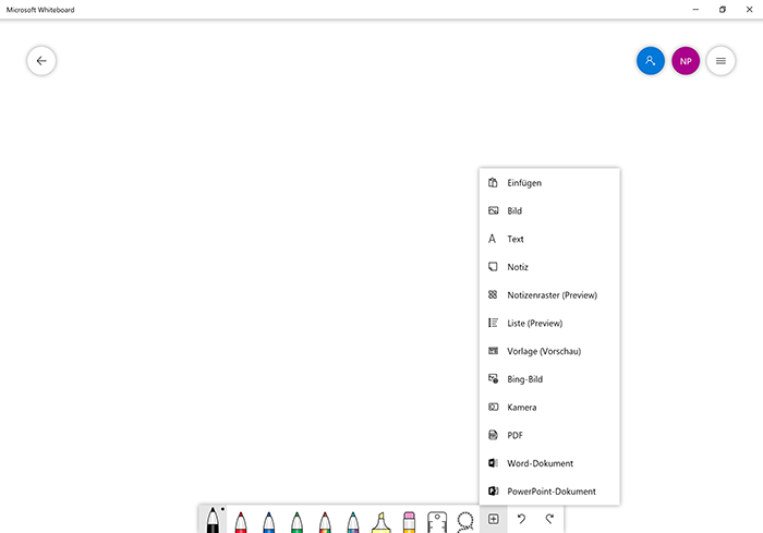 Screenshot Microsoft Whiteboard: erweitertes Menü Stift-Symbolleiste