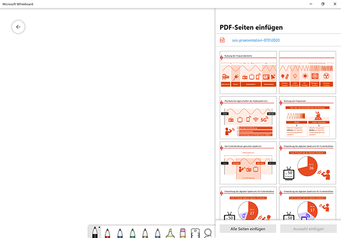 Screenshot Microsoft Whiteboard: PDF-Seiten einfügen