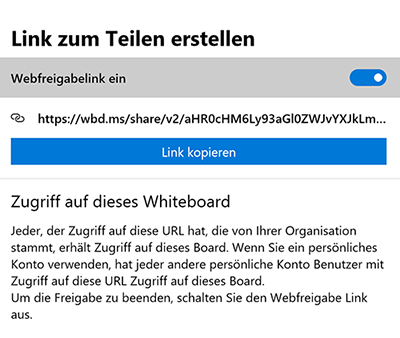 Screenshot Microsoft Whiteboard: Link zu Teilen erstellen