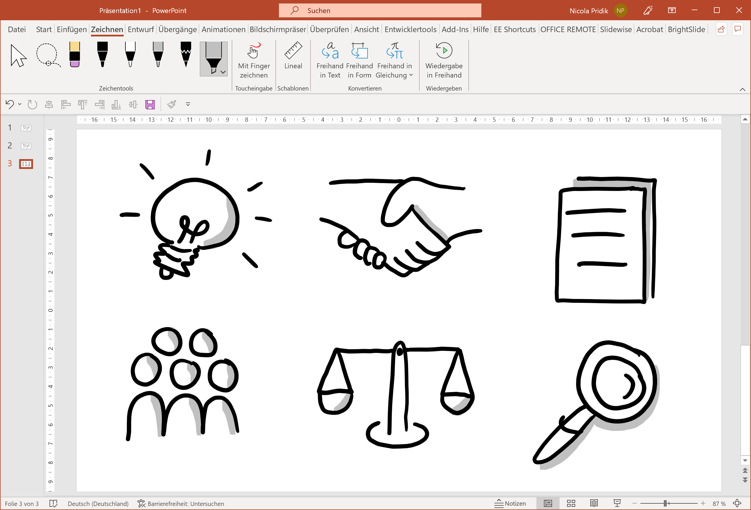sechs handgezeichnete Icons auf einer PowerPoint-Folie; angezeigt wird die Registerkarte Zeichnen